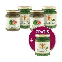 5 für 4 = 1 gratis: Kräuter-Pesto 125ml nach Wahl 5 für 4 = 1 gratis: Kräuter-Pesto 125ml nach Wahl